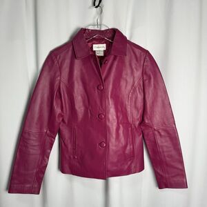 Chadwick's Leather Jacket Collared Buttons Pockets Lined Magenta Size 6